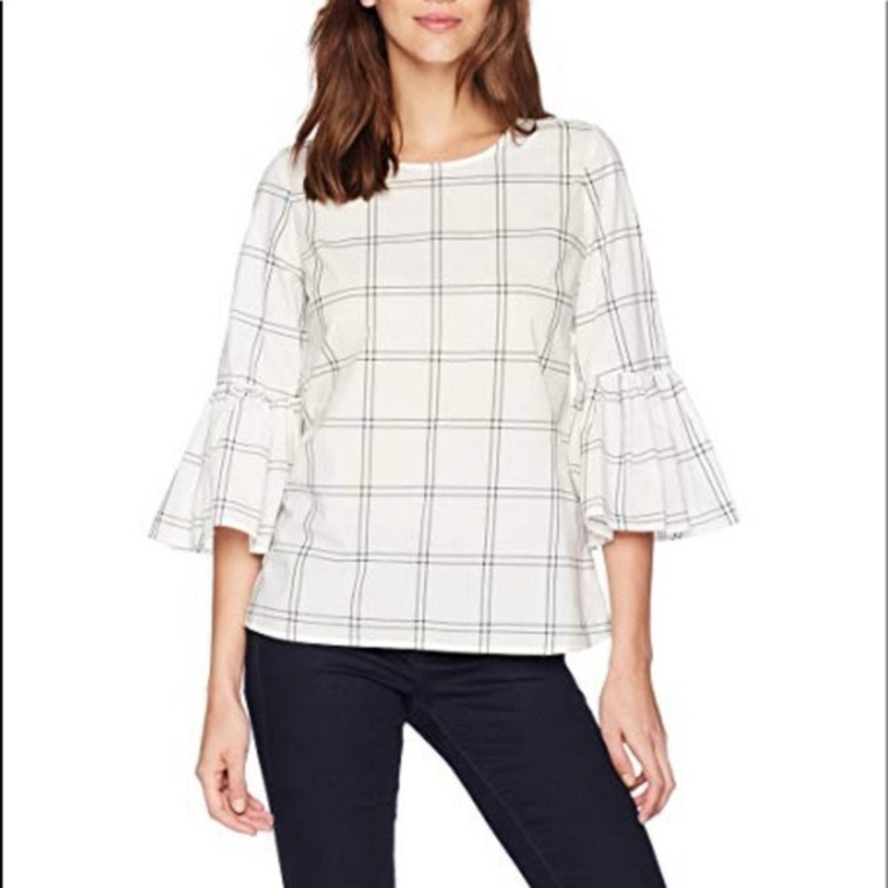 Calvin Klein White & Black Grid Windowpane Pattern Bell Ruffle Sleeve #1829